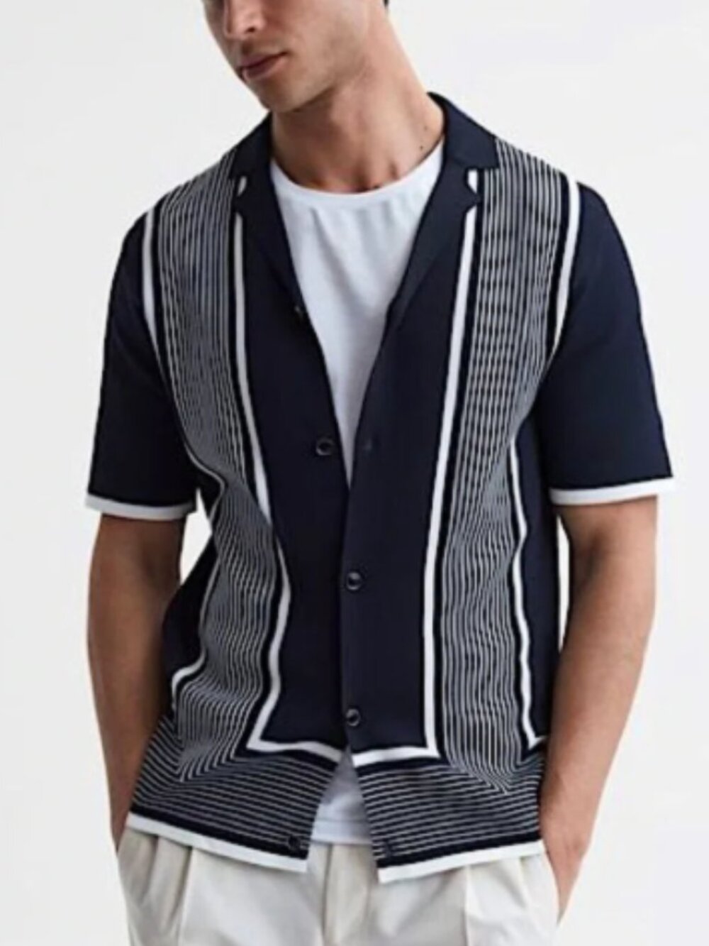 REISS Men’s Heath Striped Cuban Collar Shirt Navy/White Button Front Size XXL